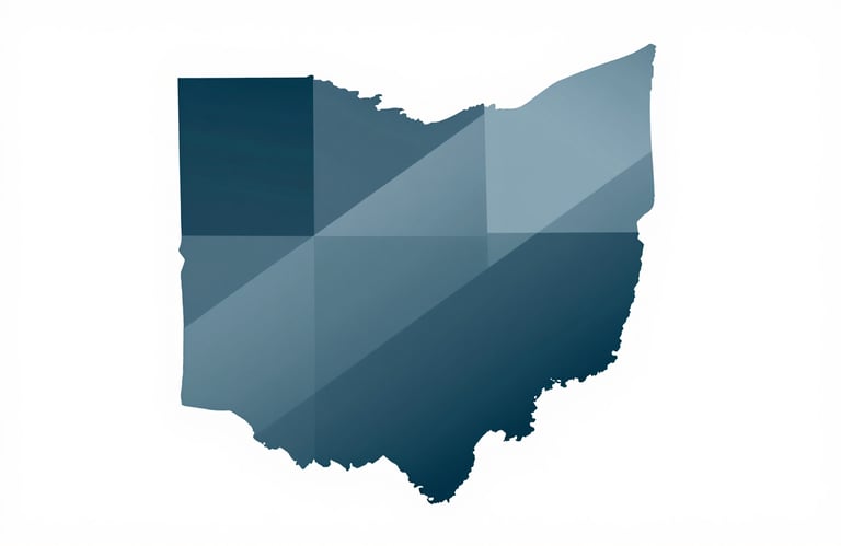 A minimalist graphic depicting the state of Ohio with a professional geometric overlay, symbolizing stability and local presence, in shades of #0A1F2F and #B2C2D1.