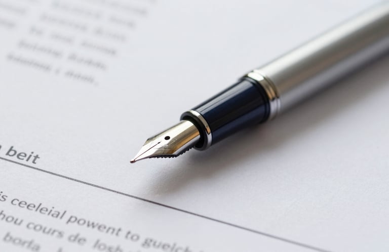 A close-up of a high-quality fountain pen resting on top of a financial report, symbolizing professional guidance and strategic planning, palette of silver and navy.