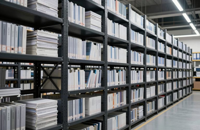 A vast, highly organized document storage facility with charcoal black steel shelving units, perfectly aligned and brightly lit with cool professional lighting.