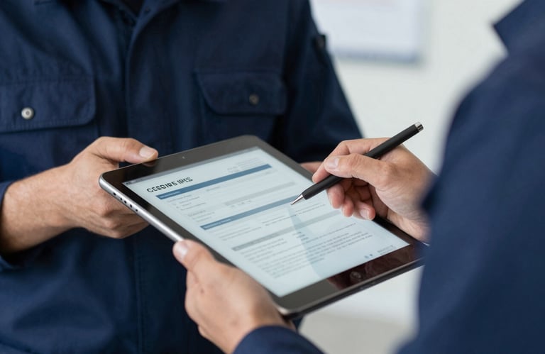 A close-up of a professional in a navy blue uniform using a secure tablet to verify encrypted files, focusing on the precision of data security.