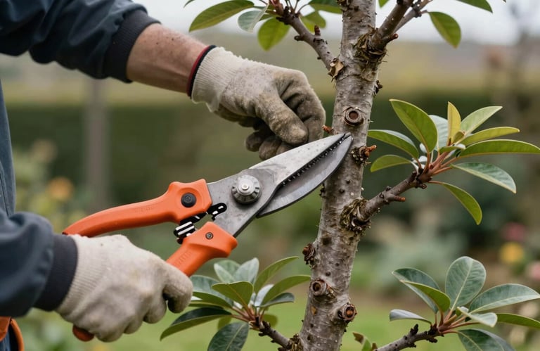An arborist carefully pruning a decorative tree with professional tools, focus on the precision of the cut and health of the tree, Western European / French garden.