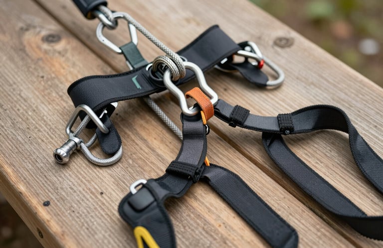 Close-up of professional tree climbing equipment, high-quality ropes and specialized harnesses laid on a wooden surface, outdoor setting, focus on safety and expertise.