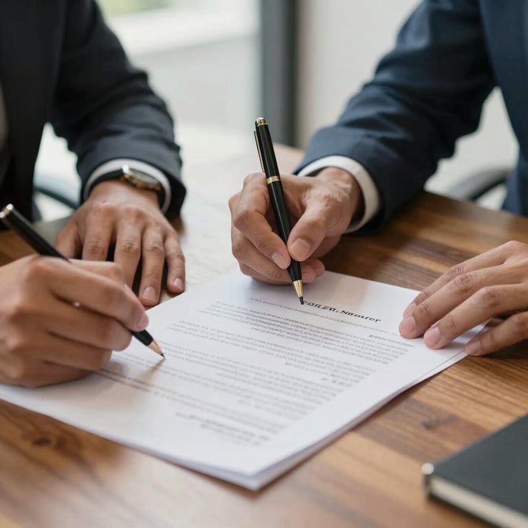 Close-up of hands signing a real estate contract on a wooden table, professional setting in a North American / Mexican office, soft natural lighting.