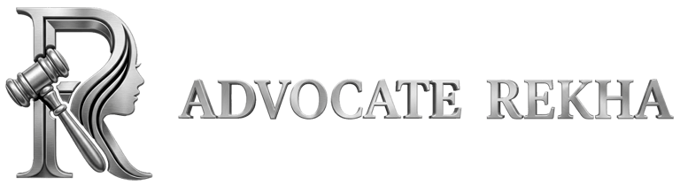 Advocate Rekha logo with letter R, gavel, and woman silhouette representing women legal services in Chennai