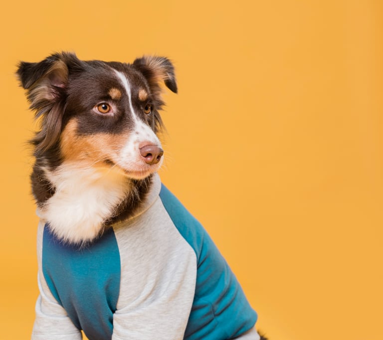 Perro con camiseta de mangas azul con gris