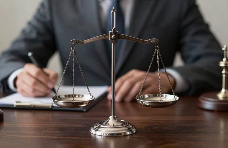 Close-up of a silver justice scale on a dark wooden surface in a professional Brazilian legal setting, highlighting the balance and ethics of the firm.