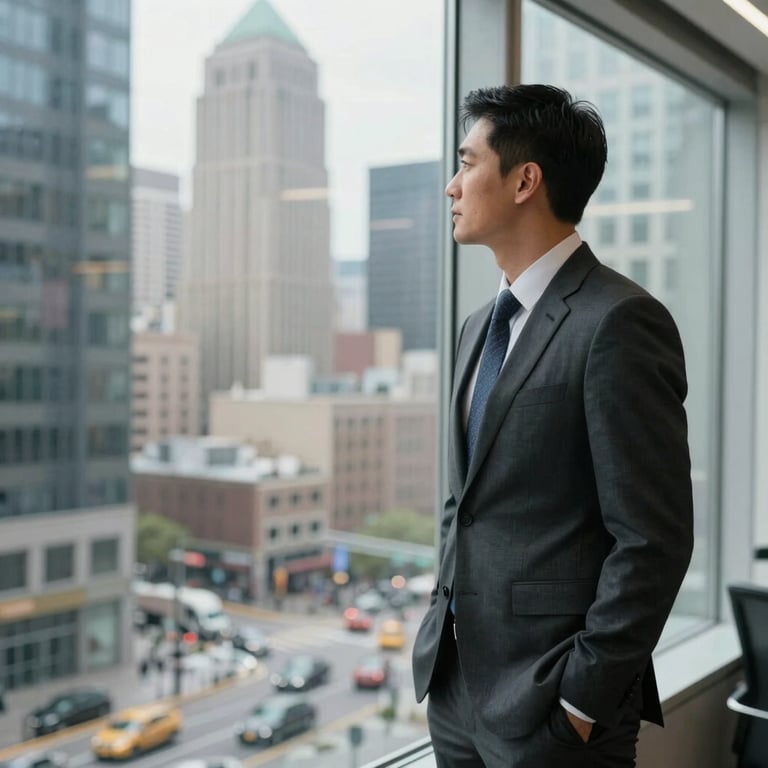 A confident financial professional in business attire looking through a large office window at a bustling North American downtown district.