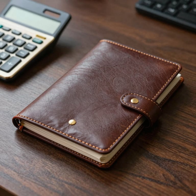 A detailed shot of a leather-bound financial portfolio and a gold-trimmed calculator on a dark wooden desk in a quiet office.