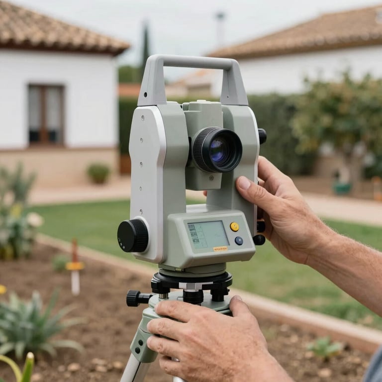 Photography of hands operating a professional digital tellurometer with earth spikes in a residential garden in the Aljarafe region. Spanish / Andalusian environment. Focus on the screen of the device.