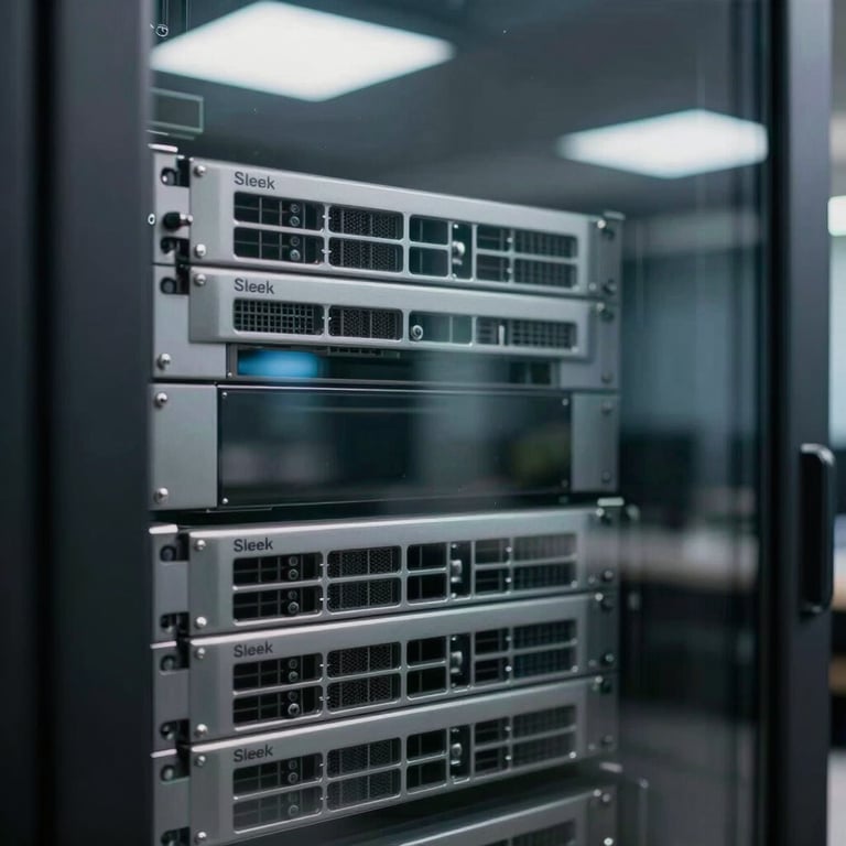 Sleek and professional close-up of a secure server interface reflecting on a glass surface, modern Latinoamericana tech hub atmosphere, clean and safe.