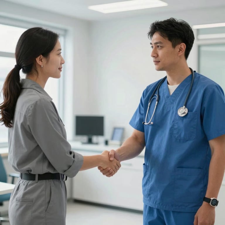 A professional North American male healthcare administrator shaking hands with a colleague in a bright, modern medical office. The focus is on a professional, trust-heavy interaction with grey and royal blue office decor.