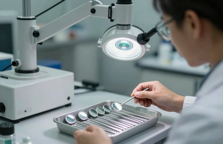 A quality control specialist in a North American facility inspecting a tray of gleaming dental mirrors under a bright magnifying lamp. Precision-focused lighting.