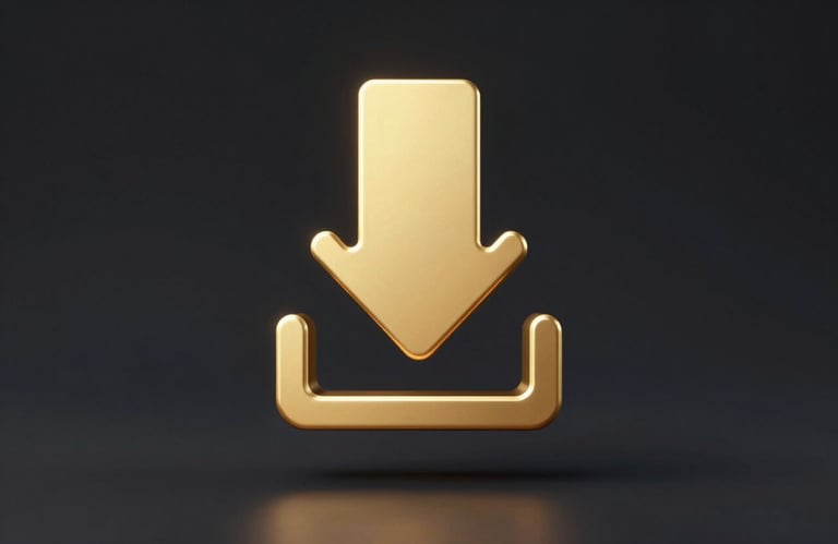 A minimalist golden download icon floating on a dark background, rendered in a sleek 3D style with soft #F8F8F8 highlights.