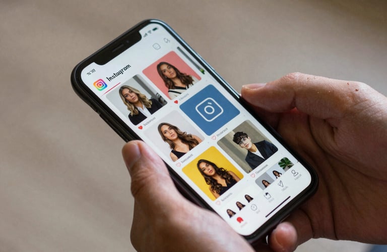 Close-up of a person's hands in a North American setting holding a smartphone, scrolling through a vibrant and professional Instagram feed.
