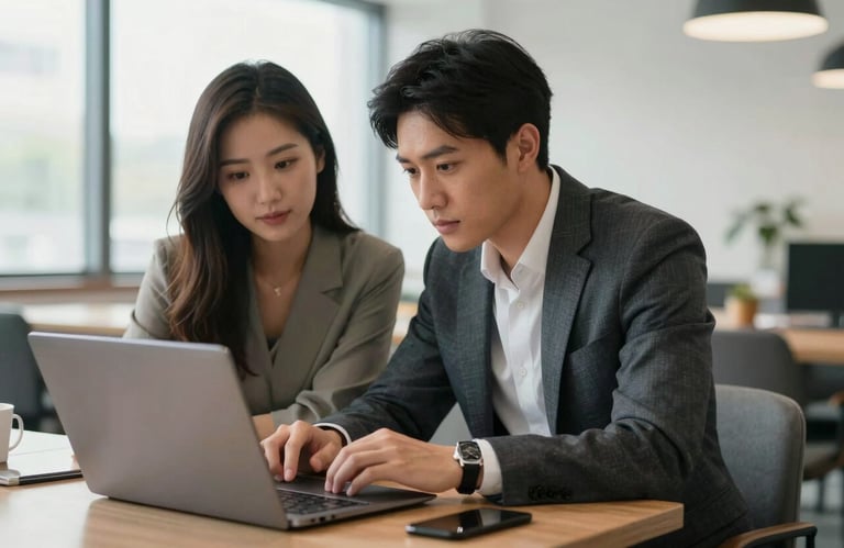 A candid shot of two people in business-casual attire collaborating over a laptop in a bright North American office lounge.