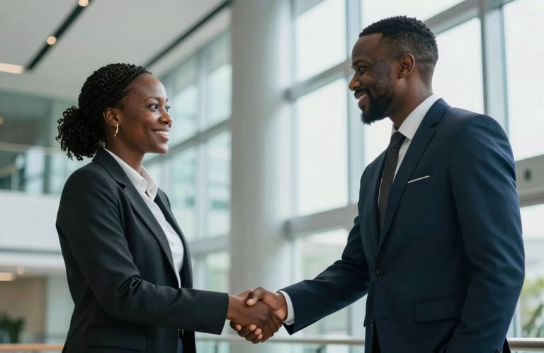 A candid shot of two people in professional attire, Global / African diaspora, shaking hands in a bright foyer. The background is a mix of glass and steel with soft teal lighting.
