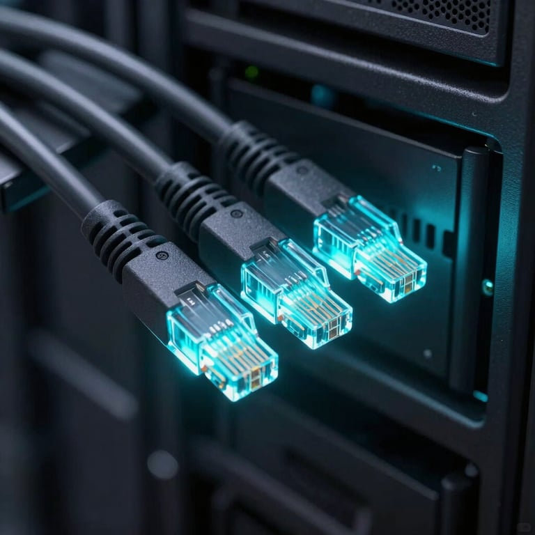 Futuristic networking cables glowing with bright cyan light in a dark charcoal data center setting, captured with macro photography.