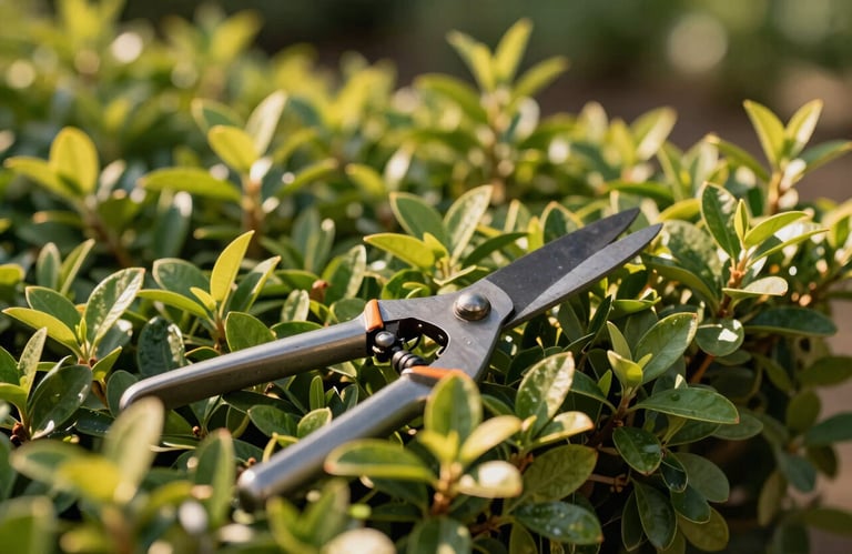 A detail shot of garden shears pruning a lush green hedge in a sunlit Central European / French garden. The focus is on the sharp metal blades and the healthy leaves, with warm sunlight filtering through.