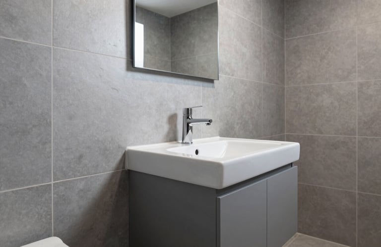 A stunning, minimalist bathroom featuring silver-grey large format tiles and a custom-built vanity, showing the precision of Dutch renovation work.
