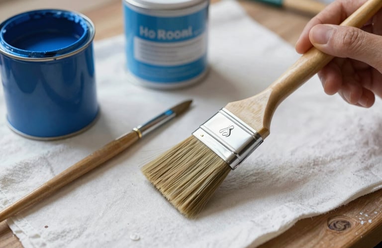 A close-up of a high-quality painting set with professional brushes and steel-blue paint cans on a clean drop cloth in a Northern European house, representing precision schilderwerk.