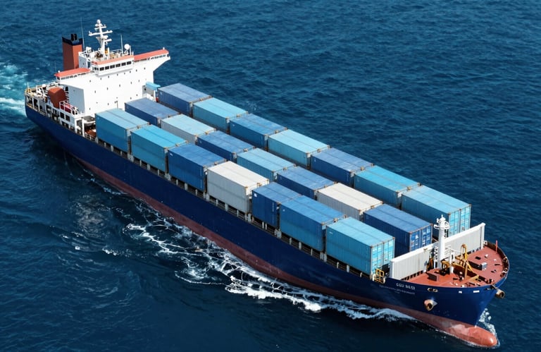 Top-down view of a massive cargo ship slicing through deep blue ocean water (#0A1F2C), with light blue shipping containers arranged with geometric precision. High-contrast, sleek aesthetic.