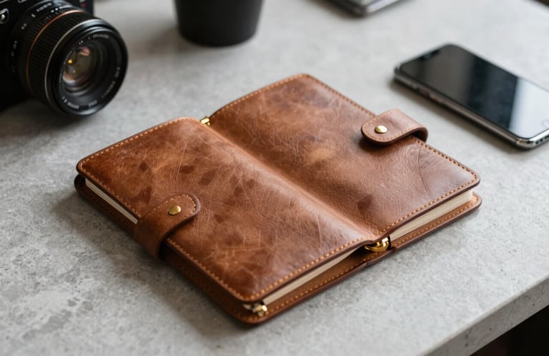 A high-quality leather bound planner and a smartphone on a clean, light grey stone surface in a professional North American workspace.