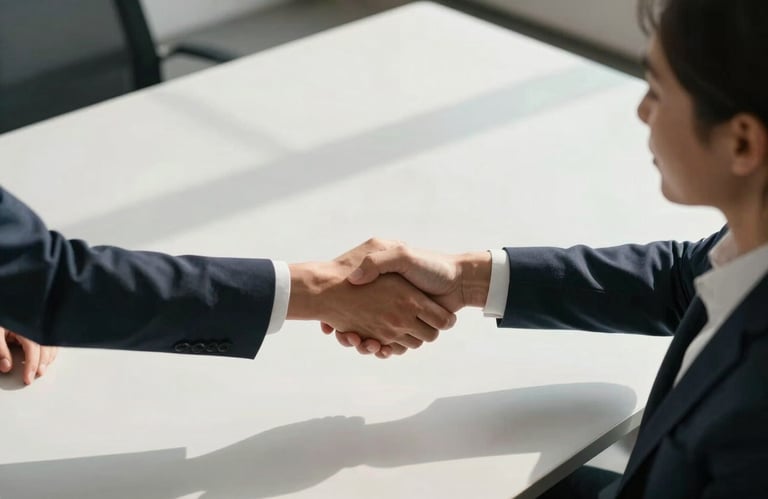 An overhead shot of two professionals shaking hands across a minimalist white table in a sunlit North American office.