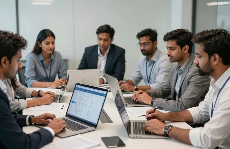 A group of South Asian / Indian professionals collaborating around a conference table with digital screens and papers, showing teamwork and efficiency in a modern corporate space.