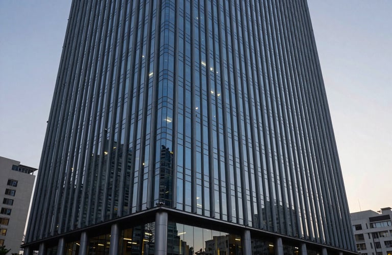 A sleek, modern corporate building exterior in a major South Asian / Indian city during dusk, with professional lighting, capturing a sense of reliability and established presence.