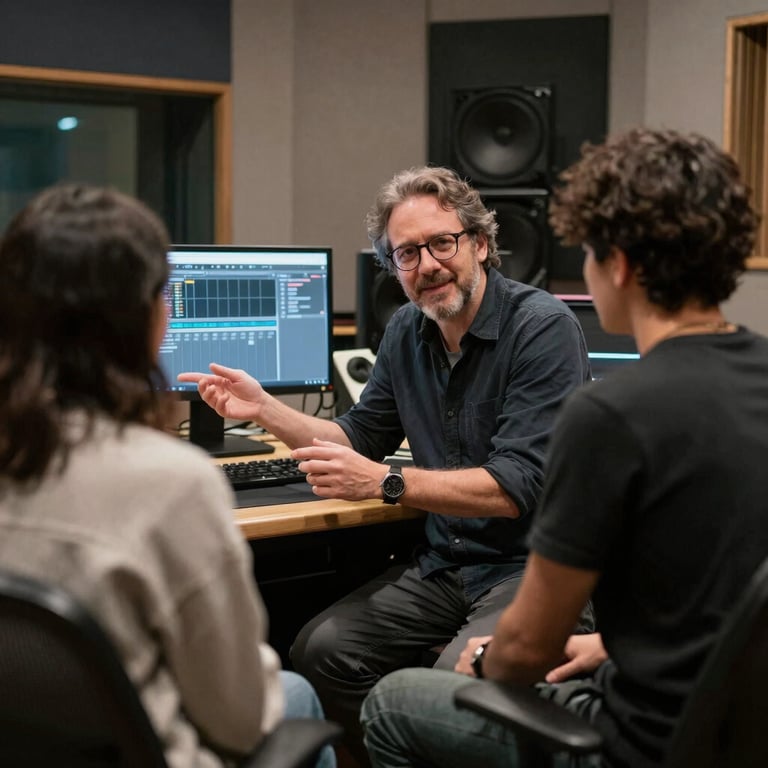 A dimly lit modern studio with sleek equipment and a focused producer working intensely.