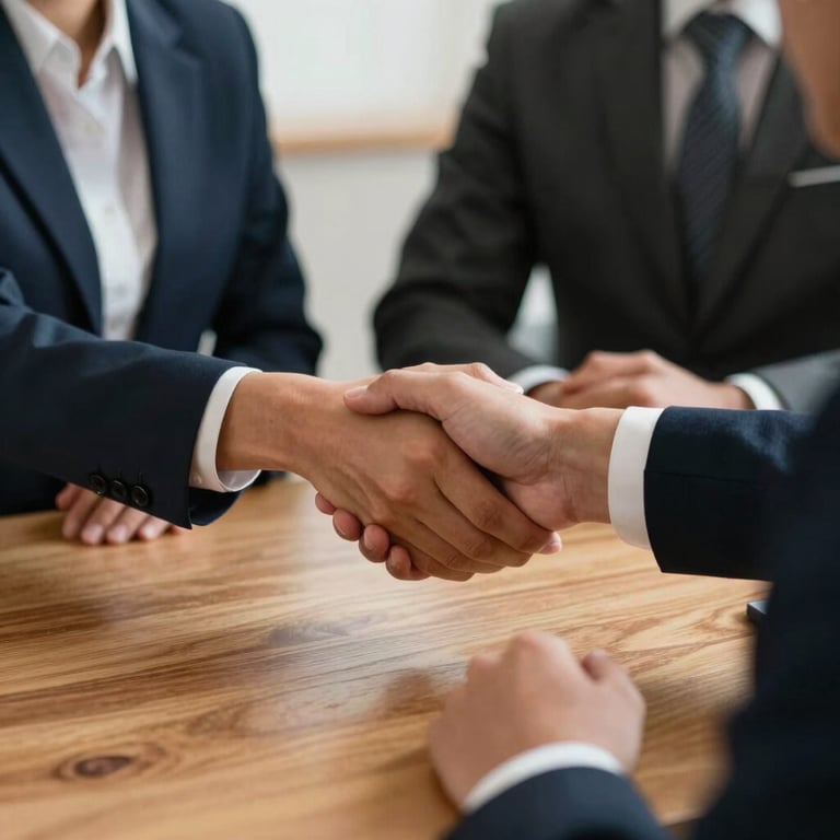 A professional photography shot of a real estate broker's hands shaking with a client over a clean wooden table, South American business attire, professional and warm lighting.