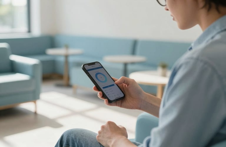 A person studying on their smartphone while sitting in a comfortable, sunlit modern lounge, global international atmosphere, clean and airy composition, light blue accents.