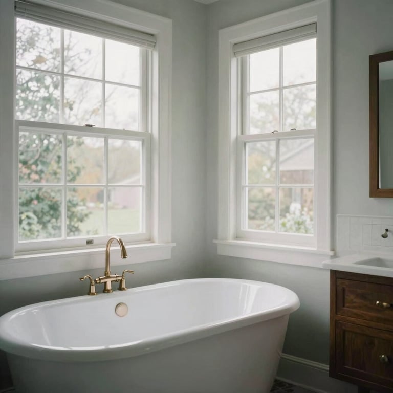 A beautifully renovated bathroom corner in a North American home featuring a freestanding tub and a large window providing ample natural light.