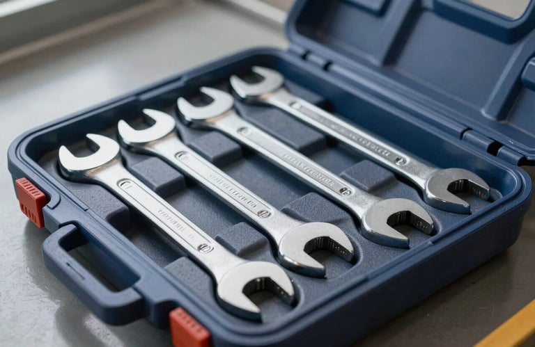 A professional plumbing toolkit with high-quality wrenches and silver tools neatly organized in a dark blue case, set against a clean industrial background.