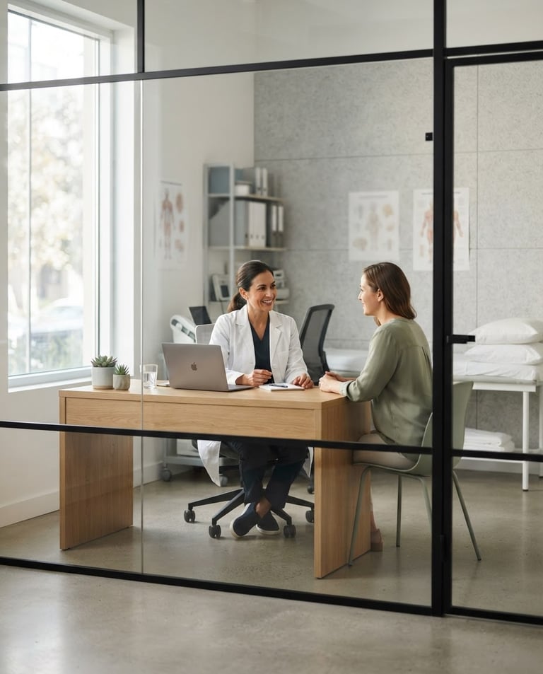 Bright, clean clinical interior with soft natural daylight, a modern medical consultation room visible through a glass partition, shallow depth of field.