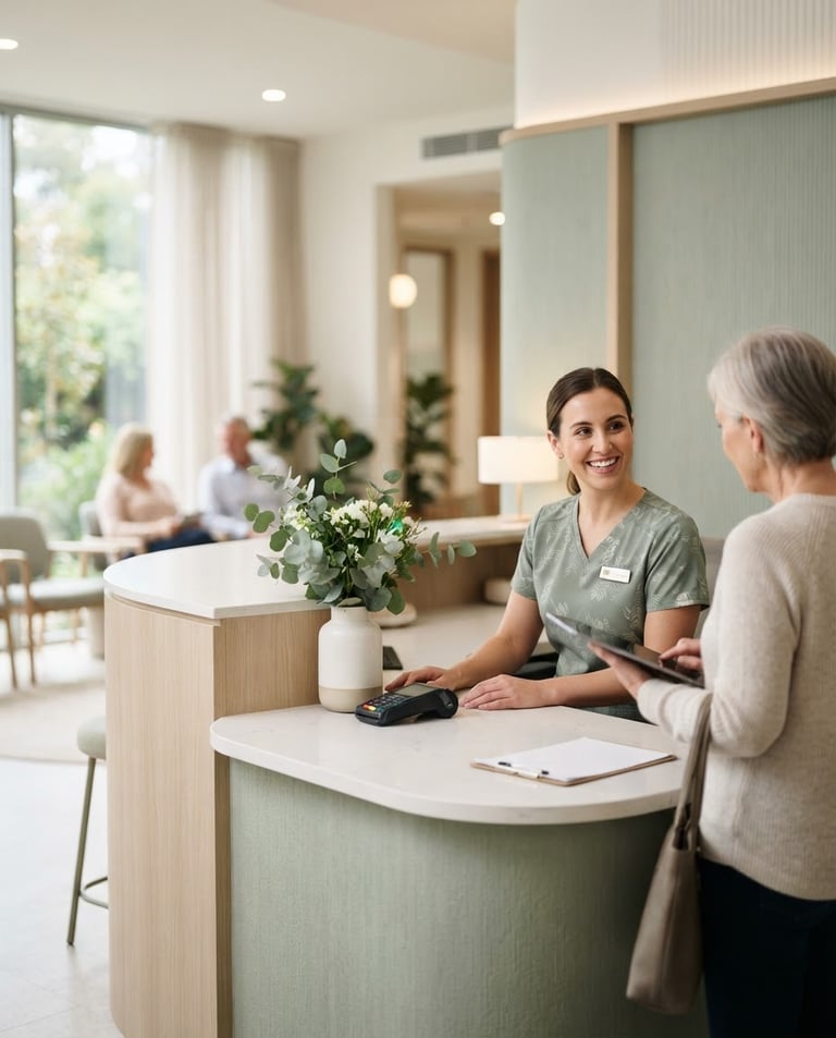 Bright, clean modern medical reception desk, soft sage green accents, diffused natural morning light, shallow depth of field.