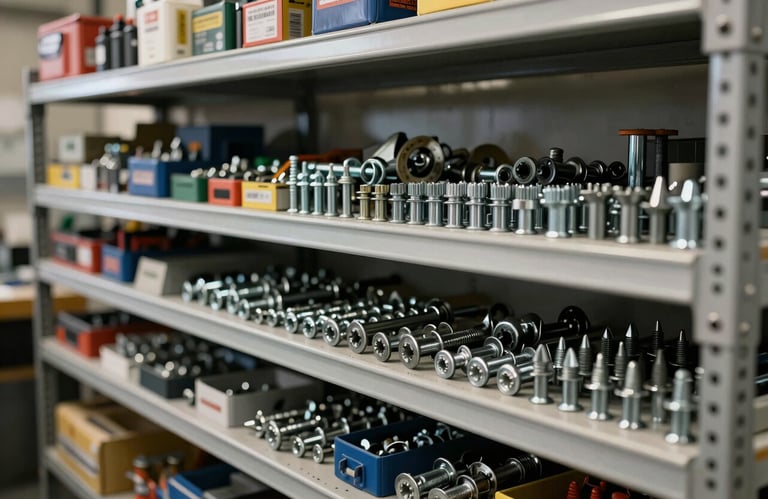 Photography of a neat, organized shelf of hardware and fasteners in a professional North American workshop, soft side lighting.