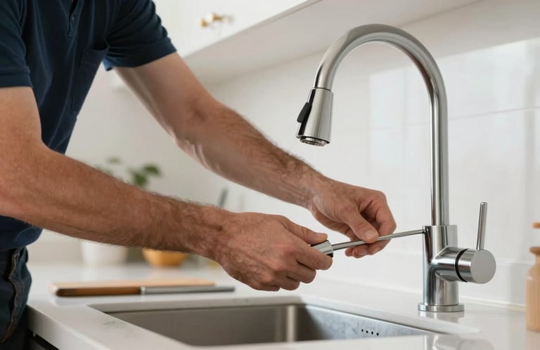 Action photography of a professional handyman's hands installing a modern kitchen faucet in a bright North American kitchen, clear focus.