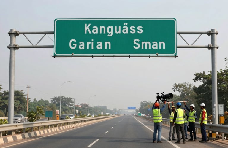A professional team of workers in high-visibility vests installing a large overhead traffic gantry sign on a wide Indian expressway.