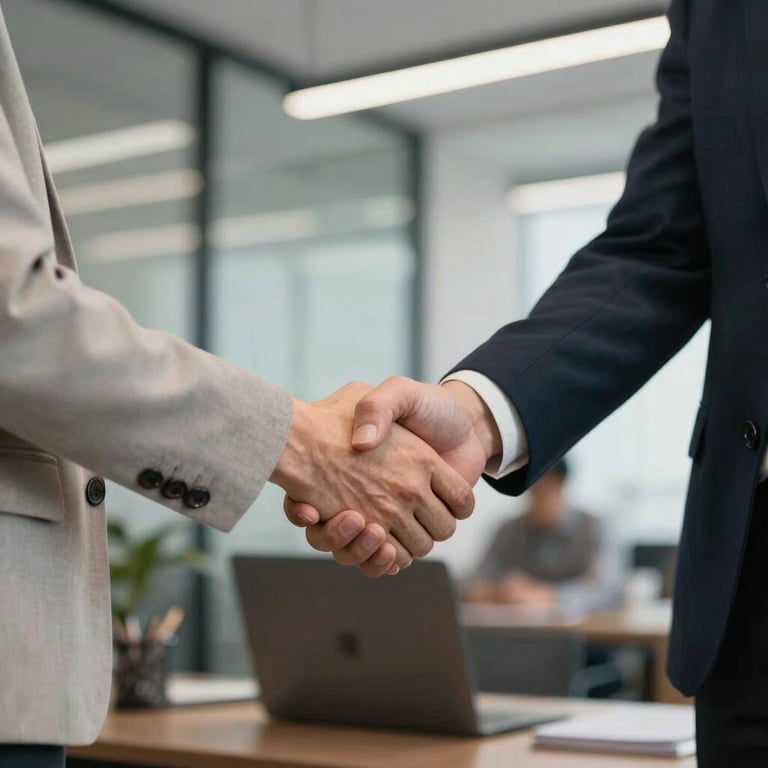 A firm, professional handshake between two people in business casual attire in a modern North American / US office setting.