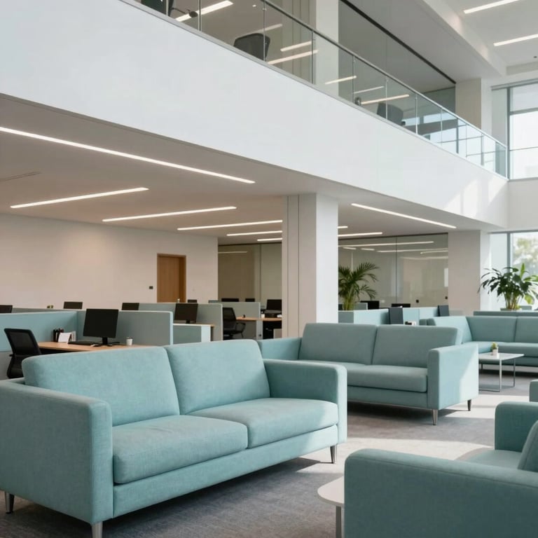 A bright North American / US office space featuring modern architectural lines and a professional, approachable feel with light teal furniture.
