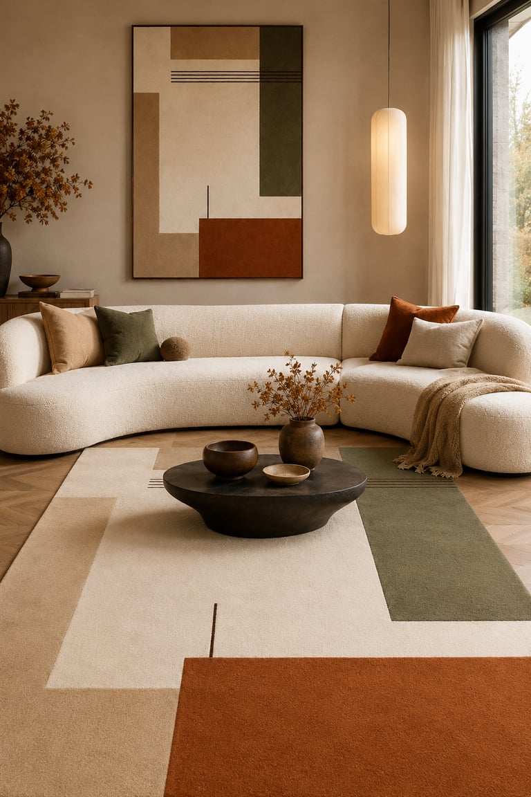 Modern living room featuring a curved boucle sofa, geometric area rug, and abstract wall art.
