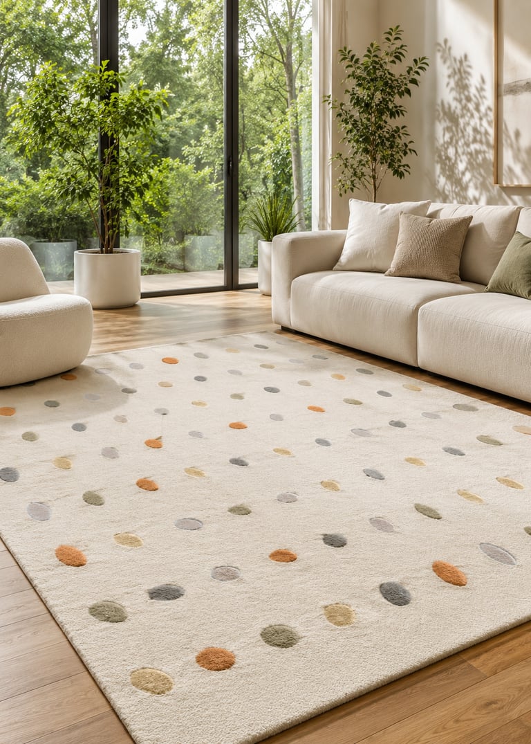 Modern living room with a neutral polka dot area rug on light wood floors near large glass doors.