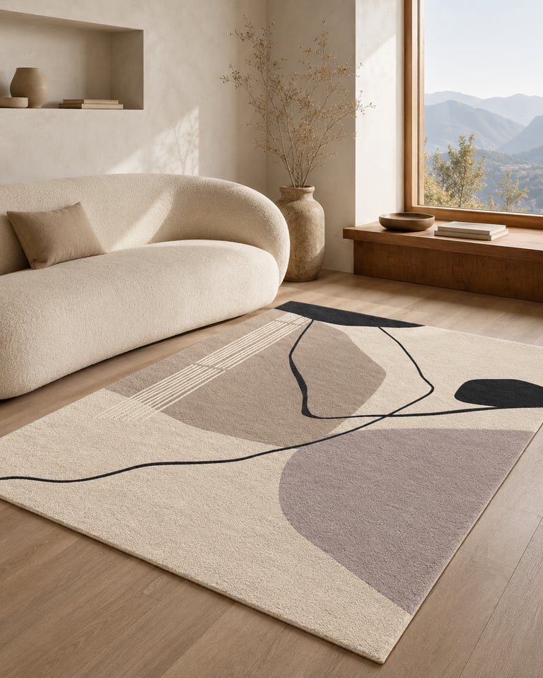 Modern abstract area rug with geometric shapes in a minimalist living room with a beige boucle sofa.