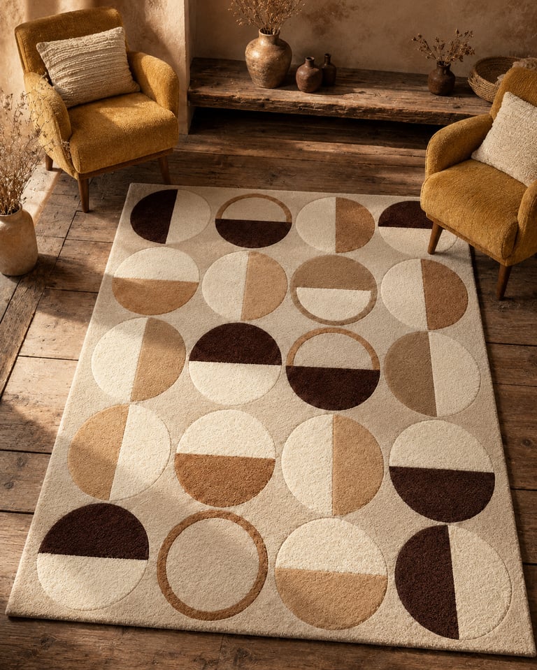 Mid-century modern area rug with a brown and beige geometric circle pattern in a rustic living room.