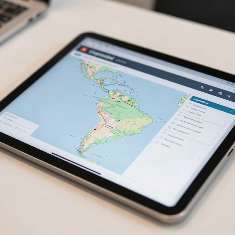 A close-up of a digital tablet showing a logistics tracking map in a professional office setting, South American context, clean and high-tech.