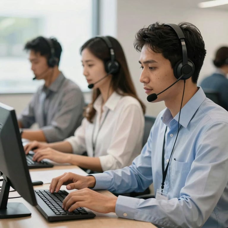 A group of professional customer service agents in a bright, modern Brazilian call center, working collaboratively, emphasizing quality and human touch.