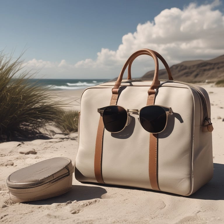 Stylish beige travel bag and sunglasses on a sandy beach, perfect for a tropical vacation getaway.