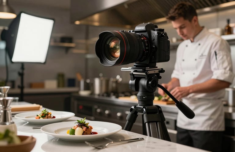 A high-end digital camera on a tripod in a modern North American / US restaurant kitchen, capturing a chef garnishing a plate, professional studio lighting.