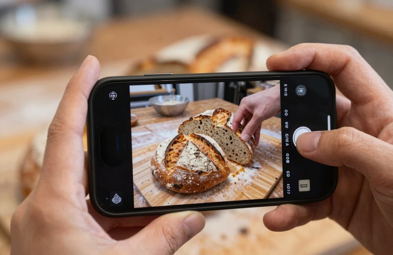 Close-up of hands using a smartphone to record a short video of artisanal bread being sliced in a warm North American / US bakery.